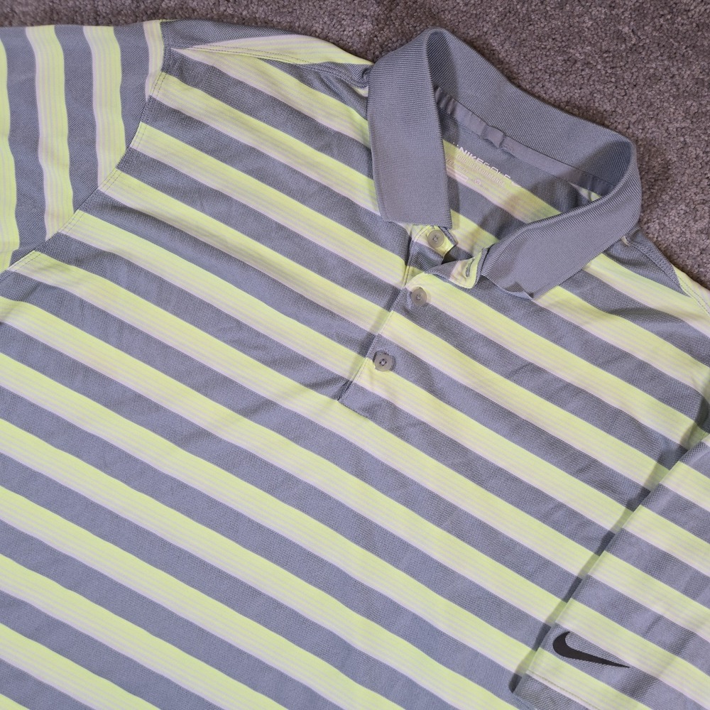 Nike Golf Tour Performance Mens XL Green Gray Striped Short Sleeve Polo Dri-Fit